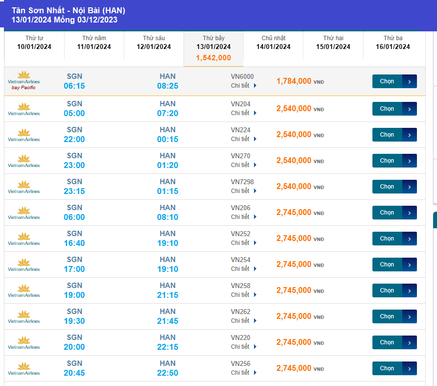 Tân Sơn Nhất  - Nội Bài (HAN) 13/01/2024 Mồng 03/12/2023