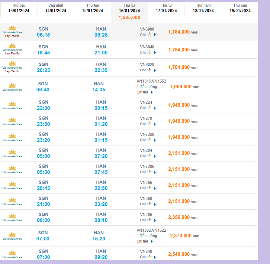 Tân Sơn Nhất (SGN) - Nội Bài 16/01/2024 Mồng 06/12/2023