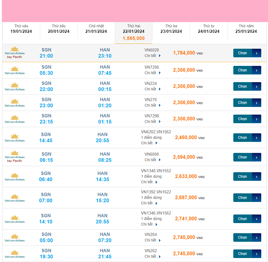Tân Sơn Nhất  - Nội Bài (HAN) 22/01/2024 Mồng 12/12/2023
