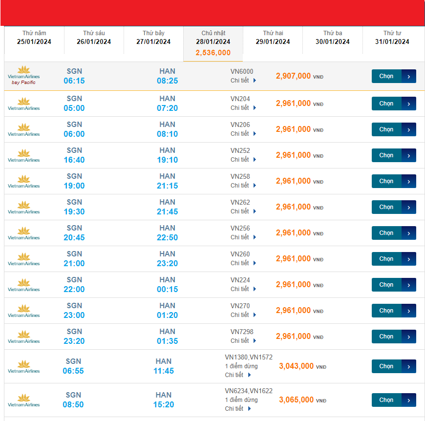 Tân Sơn Nhất - Nội Bài (HAN) 28/01/2024 Mồng 18/12/2023