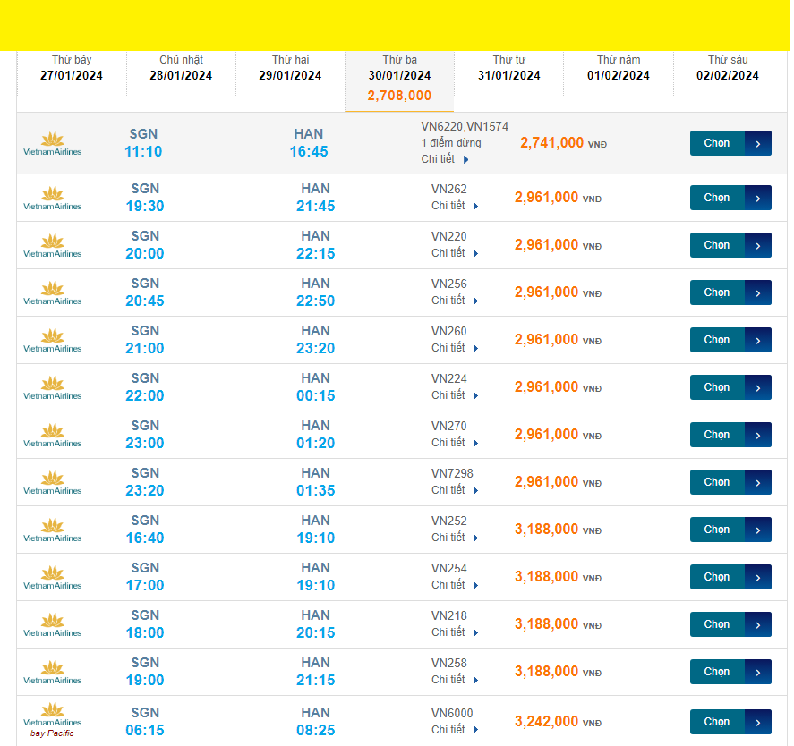 Tân Sơn Nhất  - Nội Bài (HAN) 30/01/2024 Mồng 20/12/2023