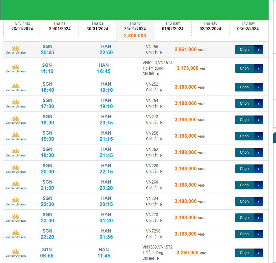 Tân Sơn Nhất  - Nội Bài (HAN) 31/01/2024 Mồng 21/12/2023