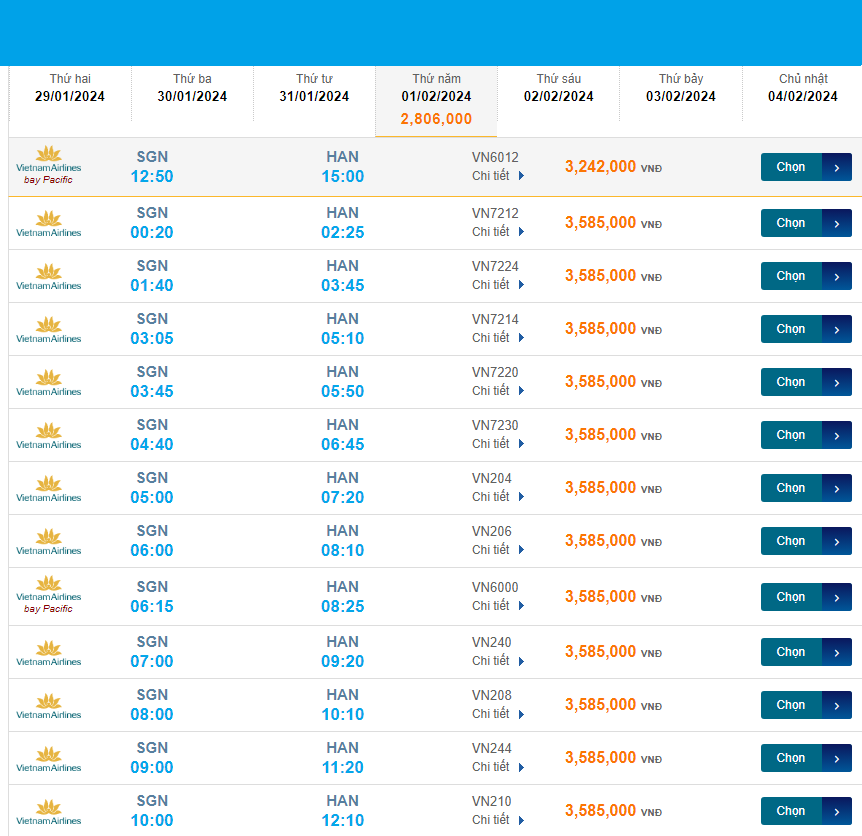 Tân Sơn Nhất - Nội Bài (HAN) 01/02/2024 Mồng 22/12/2023