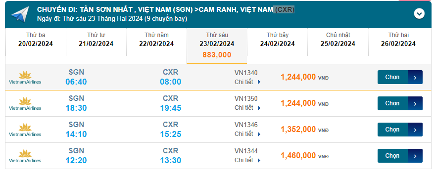 Tân Sơn Nhất - Cam Ranh (CXR) 23/02/2024 Mồng 13/12/2023