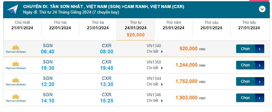 Tân Sơn Nhất  - Cam Ranh (CXR) 24/01/2024 Mồng 14/12/2023