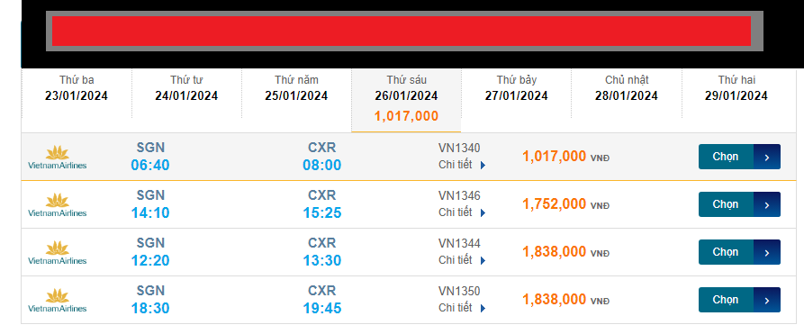 Tân Sơn Nhất  - Cam Ranh (CXR) 26/01/2024 Mồng 16/12/2023