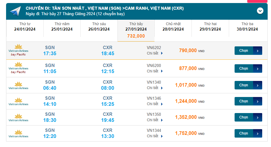 Tân Sơn Nhất  - Cam Ranh (CXR) 27/01/2024 Mồng 17/12/2023