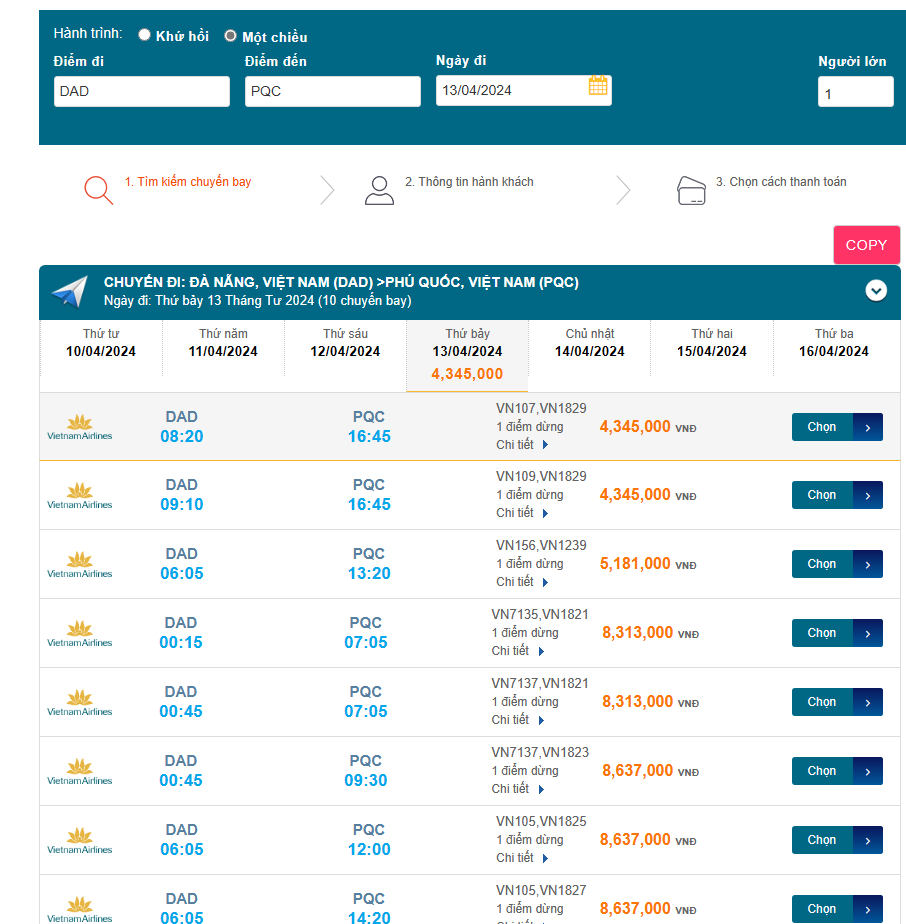 Đà Nẵng (DAD) - Phú Quốc (PQC) 13/04/2024