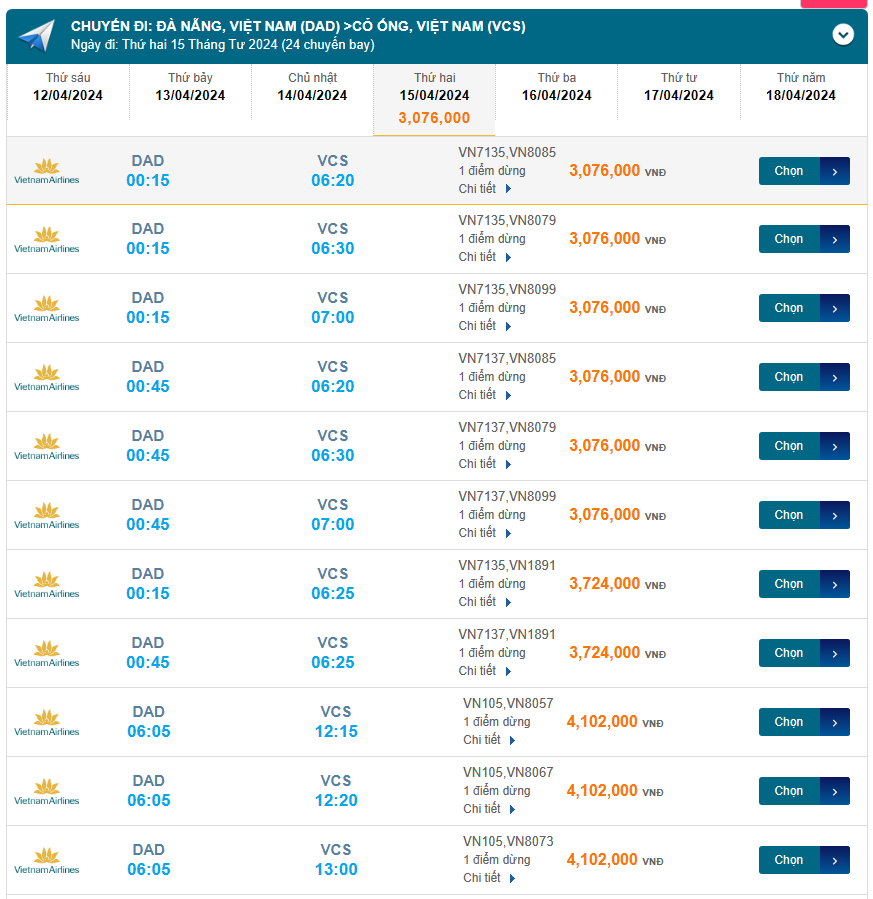 Đà Nẵng (DAD) - Cỏ Ống (VCS) 15/04/2024