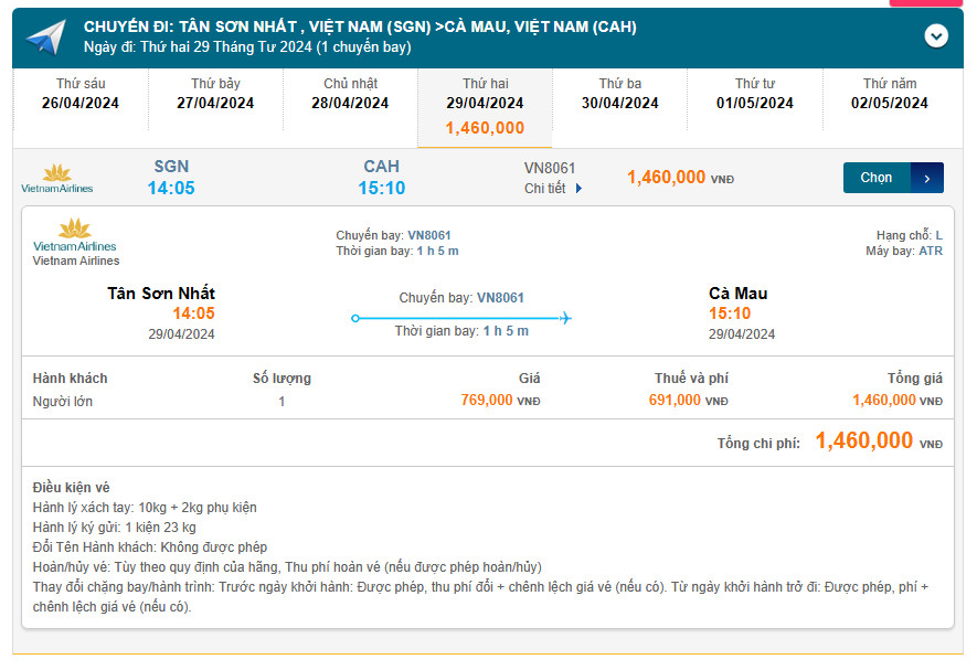 Tân Sơn Nhất (SGN) - Cà Mau (CAH) 29/04/2024