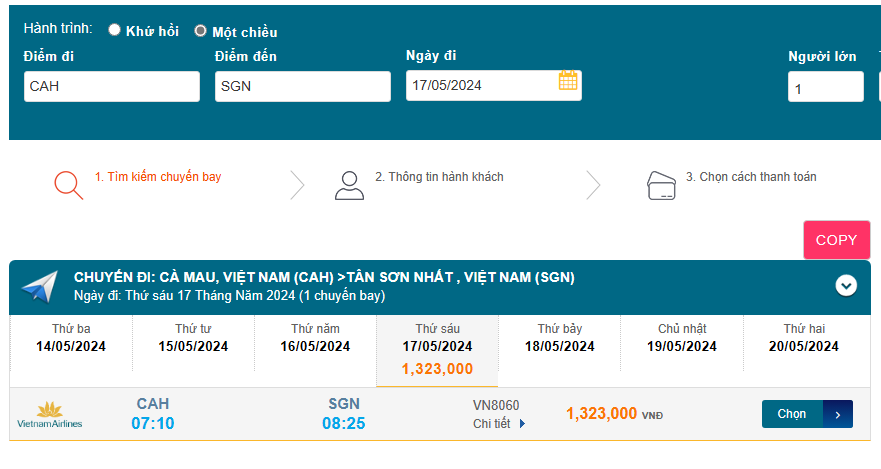 Cà Mau (CAH) - Tân Sơn Nhất (SGN) 17/05/2024