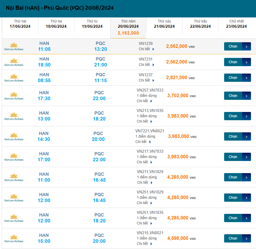 Nội Bài (HAN) - Phú Quốc (PQC) 20/06/2024