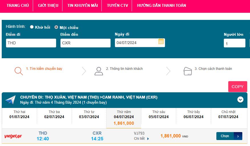 Thọ Xuân (THD) - Cam Ranh (CXR) 04/07/2024