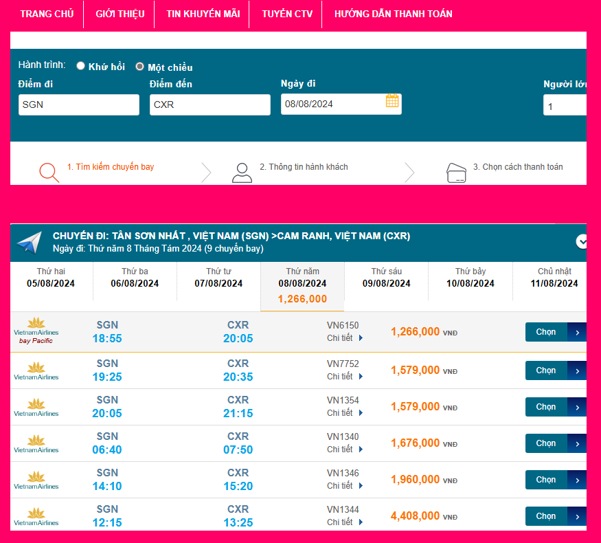 Tân Sơn Nhất (SGN) - Cam Ranh (CXR) 08/08/2024