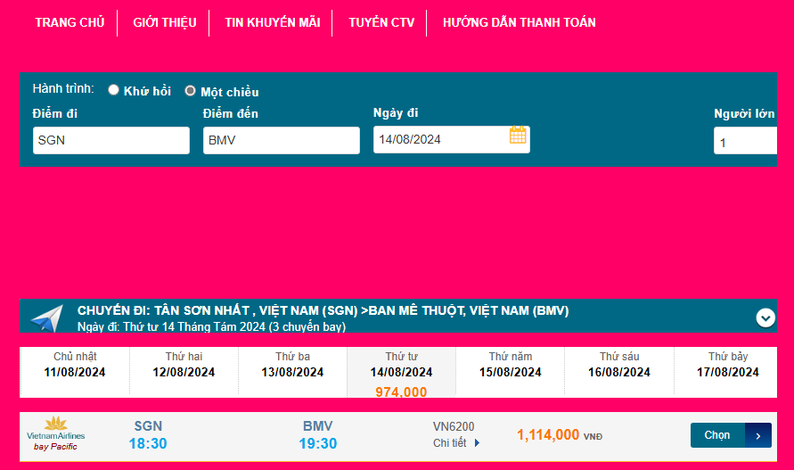Tân Sơn Nhất (SGN) - Ban Mê Thuột (BMV) 14/08/2024