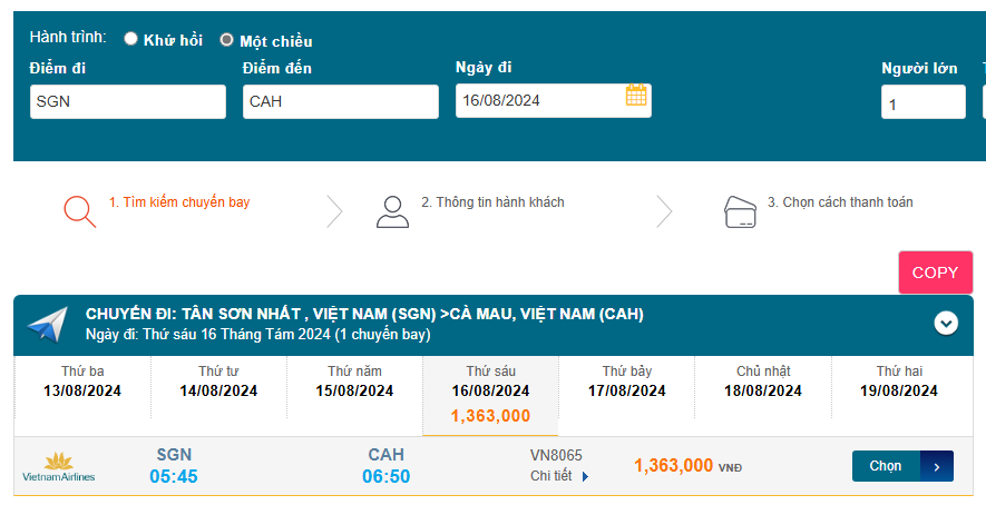 Tân Sơn Nhất (SGN) - Cà Mau (CAH) 16/08/2024