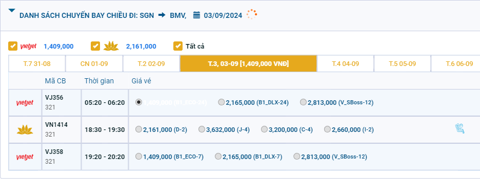Tân Sơn Nhất (SGN) - Ban Mê Thuột (BMV) 03/09/2024