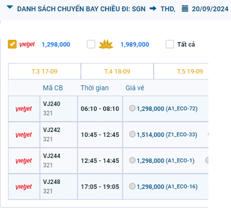 Tân Sơn Nhất (SGN) - Thọ Xuân (THD) 20/09/2024