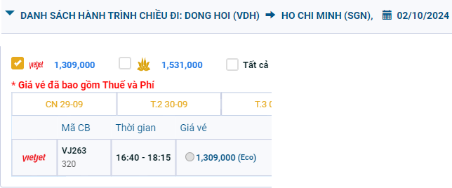 Đồng Hới (VDH) - Tân Sơn Nhất (SGN) 02/10/2024