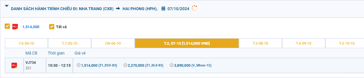 Cam Ranh (CXR) - Cát Bi (HPH) 07/10/2024