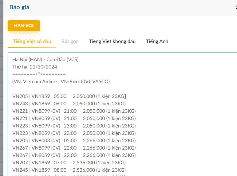 Hà Nội (HAN) - Côn Đảo (VCS)Thứ hai 21/10/2024