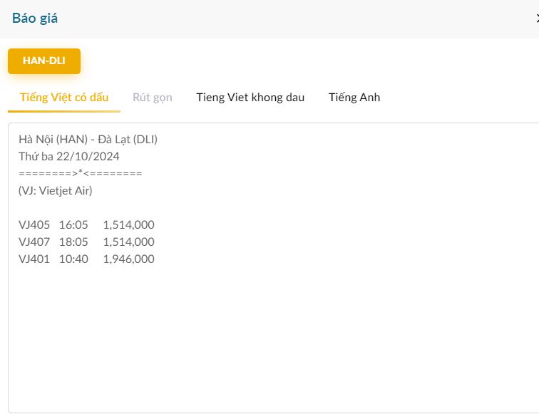 Hà Nội (HAN) - Đà Lạt (DLI) Thứ ba 22/10/2024