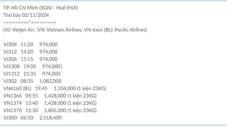 TP. Hồ Chí Minh (SGN) - Huế (HUI) Thứ bảy 02/11/2024