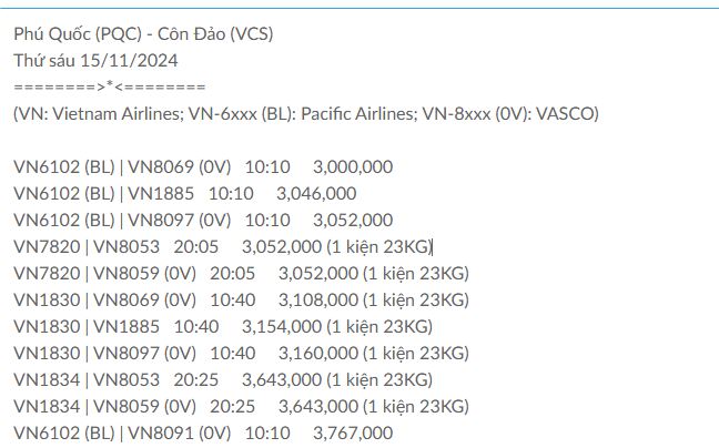 Phú Quốc (PQC) - Côn Đảo (VCS) Thứ sáu 15/11/2024