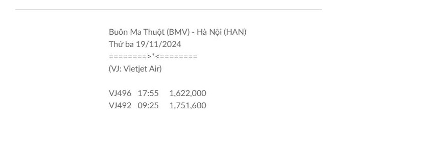 Buôn Ma Thuột (BMV) - Hà Nội (HAN) Thứ ba 19/11/2024