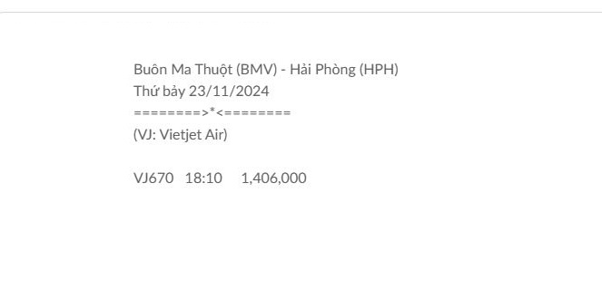 Buôn Ma Thuột (BMV) - Hải Phòng (HPH) Thứ bảy 23/11/2024