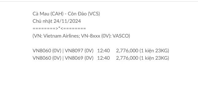 Cà Mau (CAH) - Côn Đảo (VCS) Chủ nhật 24/11/2024