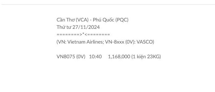 Cần Thơ (VCA) - Phú Quốc (PQC) Thứ tư 27/11/2024