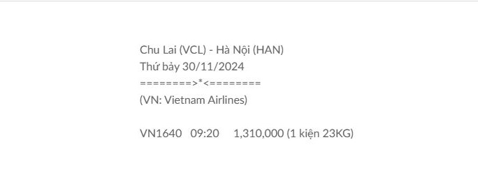 Chu Lai (VCL) - Hà Nội (HAN) Thứ bảy 30/11/2024