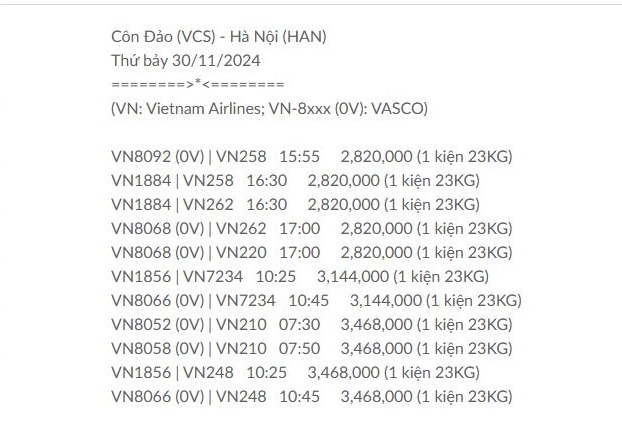 Côn Đảo (VCS) - Hà Nội (HAN) Thứ bảy 30/11/2024