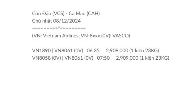 Côn Đảo (VCS) - Cà Mau (CAH) Chủ nhật 08/12/2024