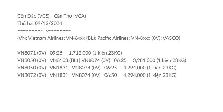 Côn Đảo (VCS) - Cần Thơ (VCA) Thứ hai 09/12/2024