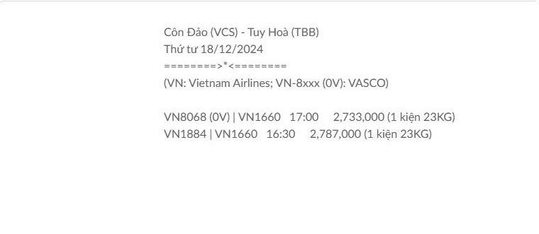 Côn Đảo (VCS) - Tuy Hoà (TBB) Thứ tư 18/12/2024