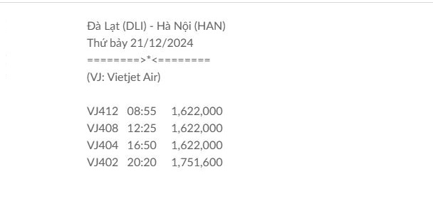 Đà Lạt (DLI) - Hà Nội (HAN) Thứ bảy 21/12/2024