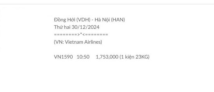 Đồng Hới (VDH) - Hà Nội (HAN) Thứ hai 30/12/2024