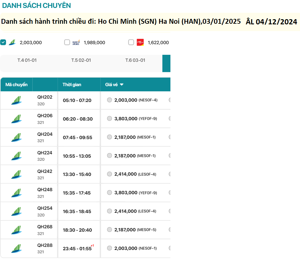 Hồ Chí Minh - Hà Nội 03/01/2025 ÂL 04/12/2024