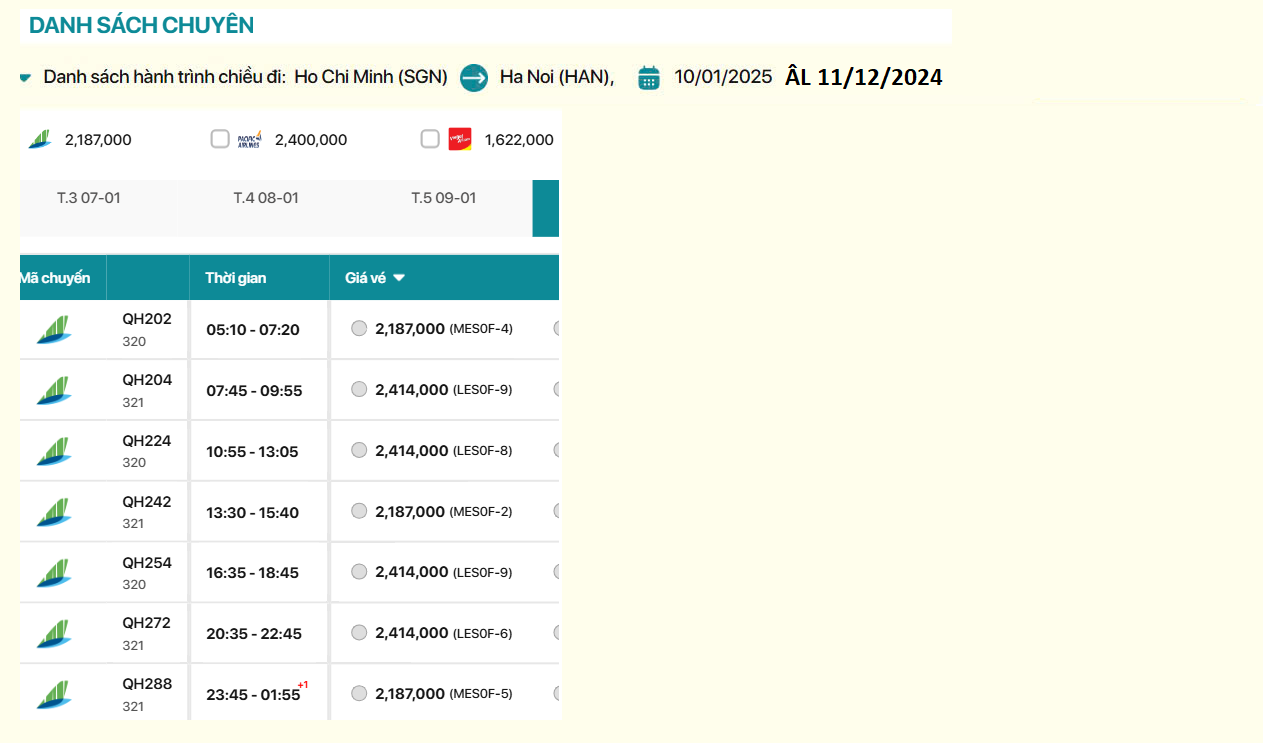 Hồ Chí Minh đến Hà Nội 10/01/2025 ÂL 11/12/2024