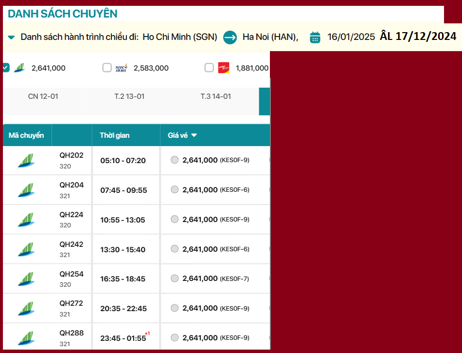 Hồ Chí Minh - Hà Nội 16/01/2025 ÂL 17/12/2024