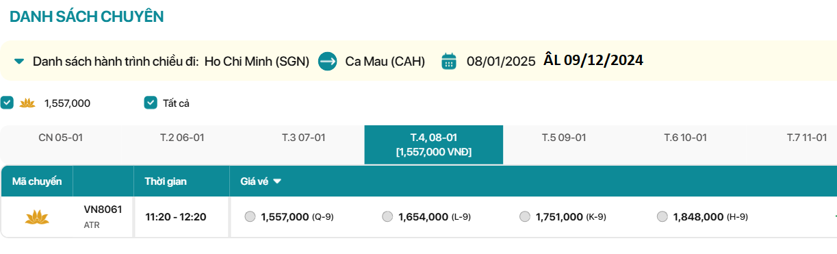 Hồ Chí Minh - Cà Mau  08/01/2025 ÂL 09/12/2024