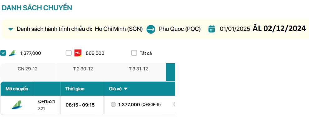 Hồ Chí Minh - Phú Quốc  01/01/2025 ÂL 02/12/2024