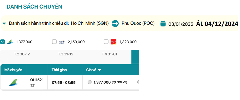 Hồ Chí Minh - Phú Quốc  03/01/2025 ÂL 04/12/2024  Số 1