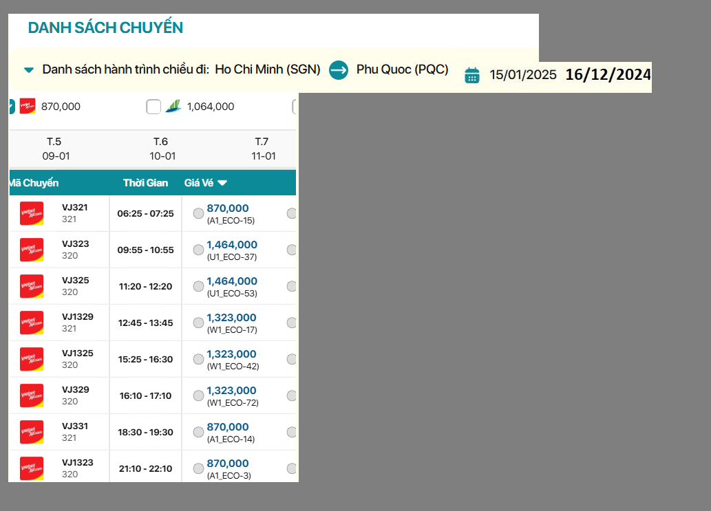 Hồ Chí Minh - Phú Quốc 15/01/2025 ÂL 16/12/2024
