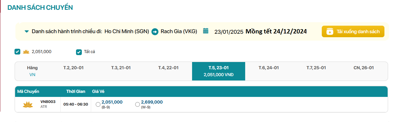 Hồ Chí Minh - Rạch Giá 23/01/2025 mông Têt 24/12/2025