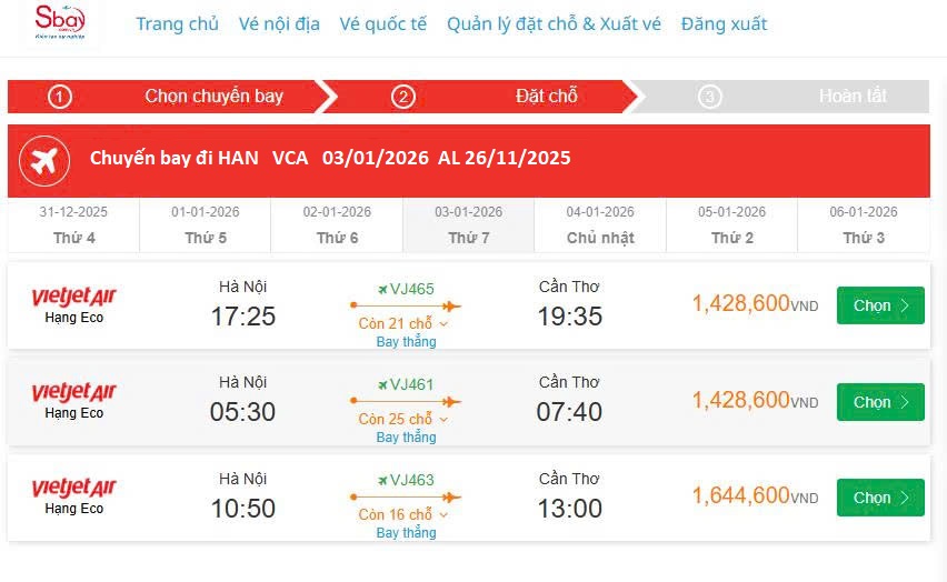 Hà Nội - Cần Thơ  03/01/2026